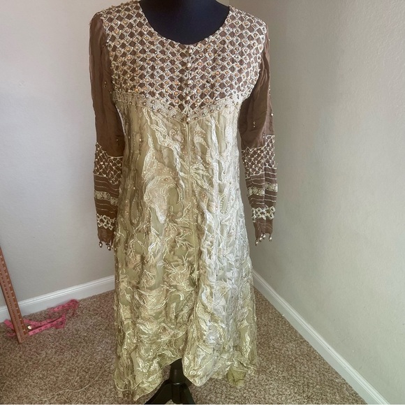 Pakistani Indian Desi Party Wear Maxi Dress (Flawed) Refer to pics Color Green - Picture 1 of 12